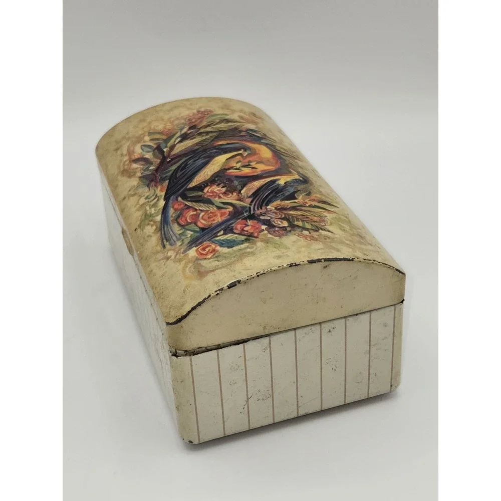 Vintage Metal Storage Tin Box Bird Floral‎ Design Hinged Lid 6.5